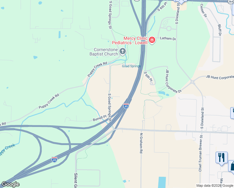 map of restaurants, bars, coffee shops, grocery stores, and more near 623 South Goad Springs Street in Lowell