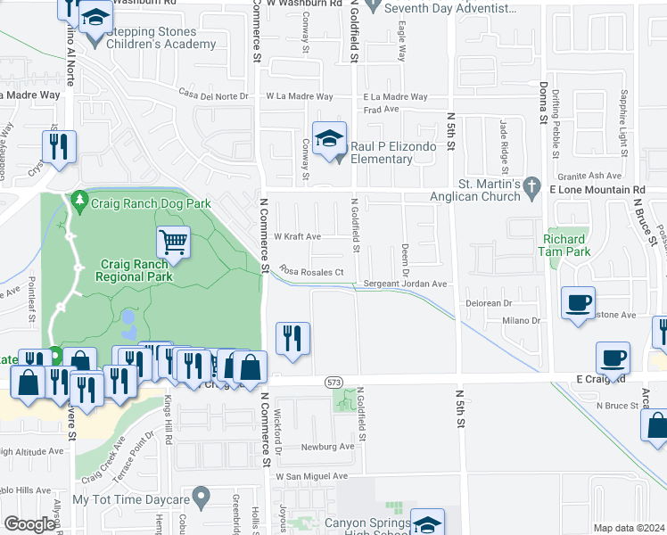 map of restaurants, bars, coffee shops, grocery stores, and more near 32 Rosa Rosales Court in North Las Vegas