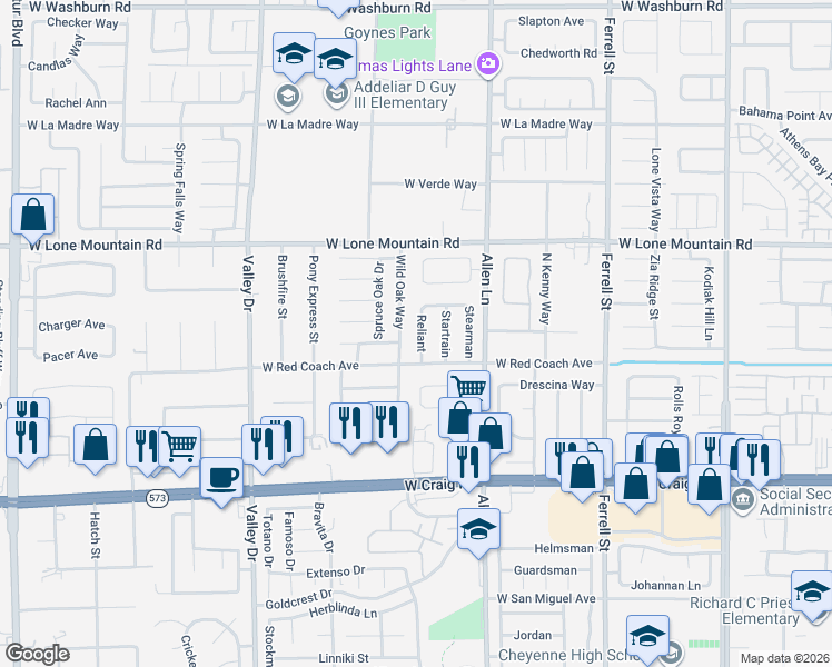 map of restaurants, bars, coffee shops, grocery stores, and more near 4634 Wild Oak in North Las Vegas