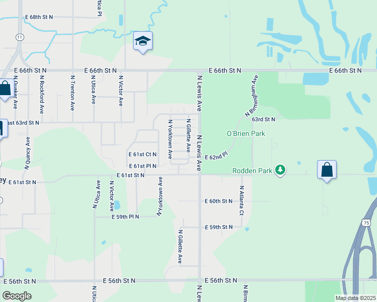 map of restaurants, bars, coffee shops, grocery stores, and more near 6128 North Gillette Avenue in Tulsa