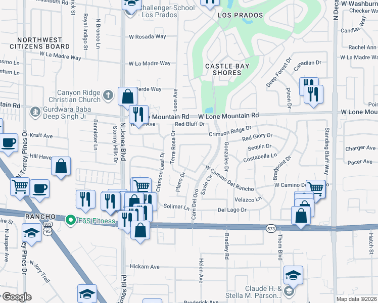 map of restaurants, bars, coffee shops, grocery stores, and more near 4613 Plano Drive in Las Vegas