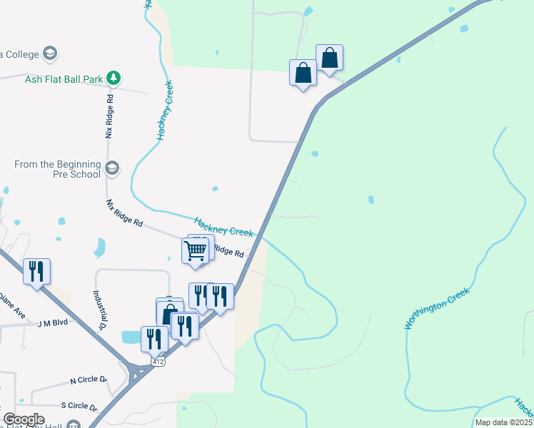 map of restaurants, bars, coffee shops, grocery stores, and more near 295 T and C Boulevard in Ash Flat