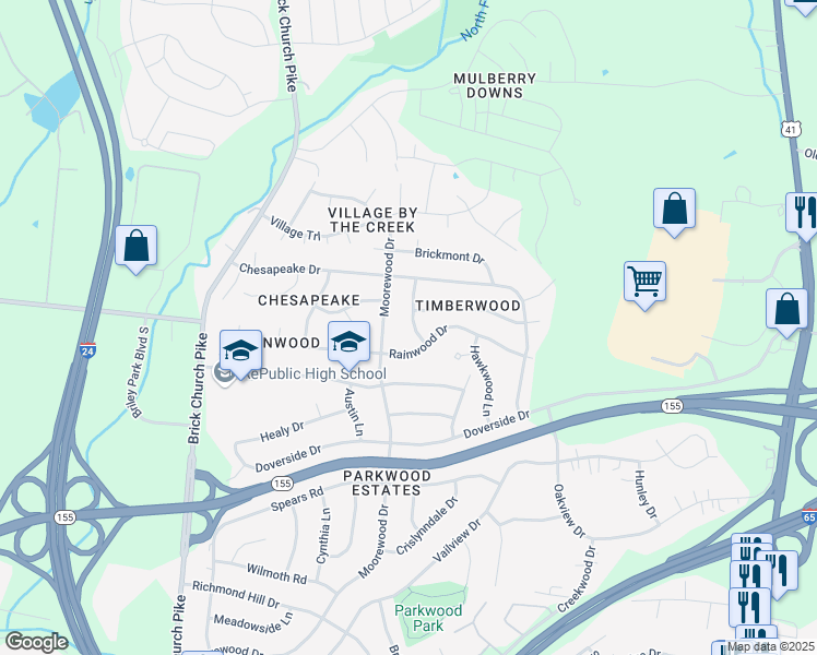 map of restaurants, bars, coffee shops, grocery stores, and more near 3036 Barbara Lynn Way in Nashville