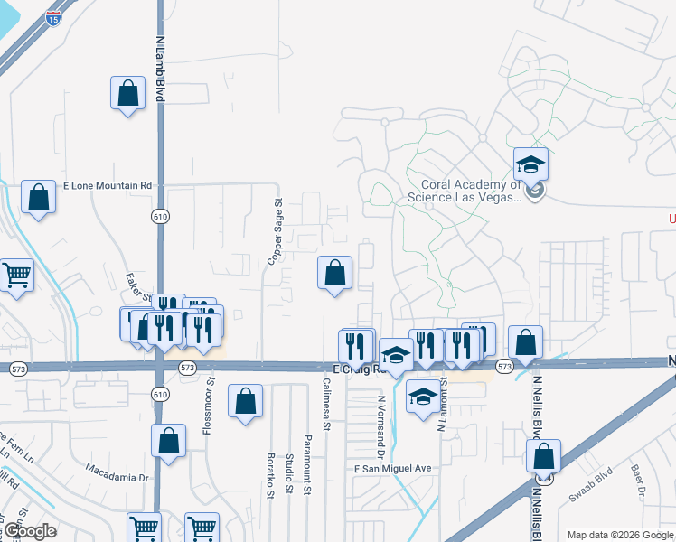 map of restaurants, bars, coffee shops, grocery stores, and more near 4620 Calimesa Street in Las Vegas