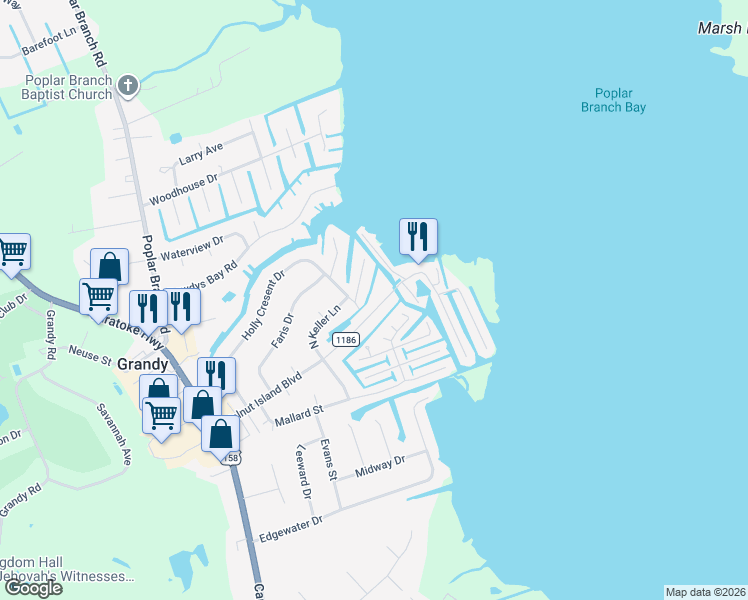 map of restaurants, bars, coffee shops, grocery stores, and more near 157 Walnut Island Boulevard in Grandy