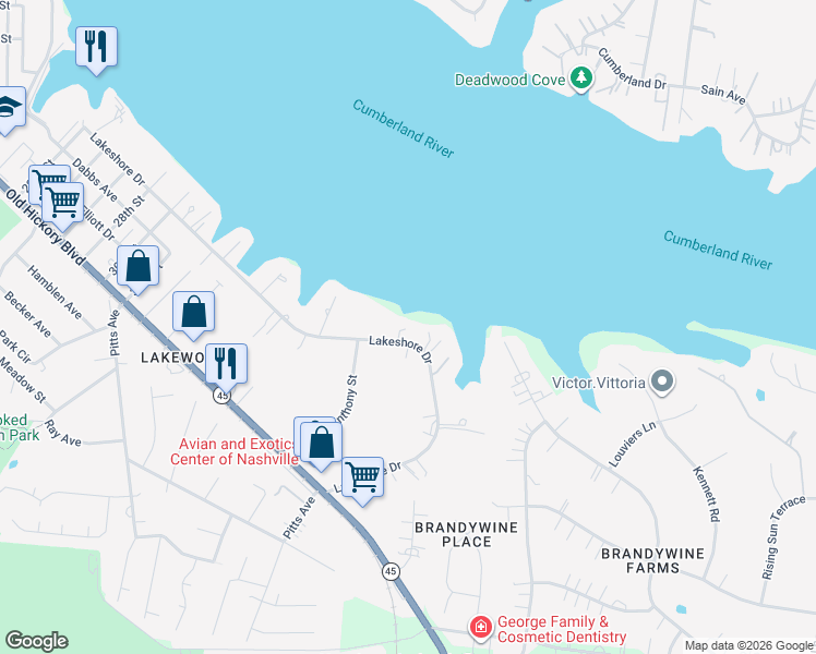 map of restaurants, bars, coffee shops, grocery stores, and more near 3211 Lakeshore Drive in Nashville
