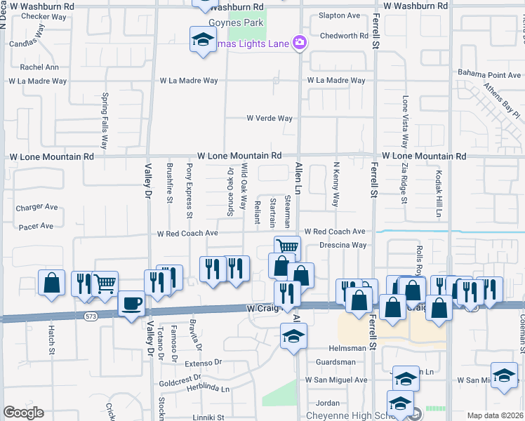 map of restaurants, bars, coffee shops, grocery stores, and more near 4643 Startrain in North Las Vegas
