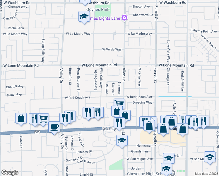 map of restaurants, bars, coffee shops, grocery stores, and more near 4643 Startrain in North Las Vegas