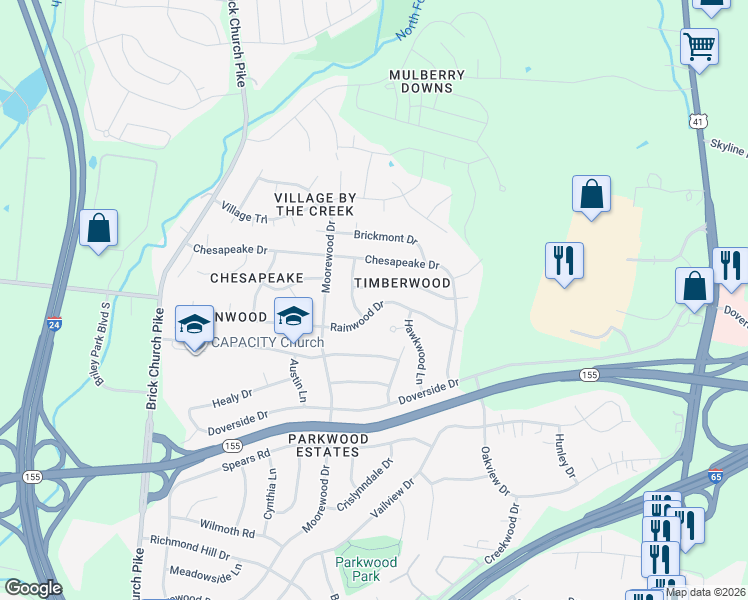 map of restaurants, bars, coffee shops, grocery stores, and more near 3264 Rainwood Drive in Nashville