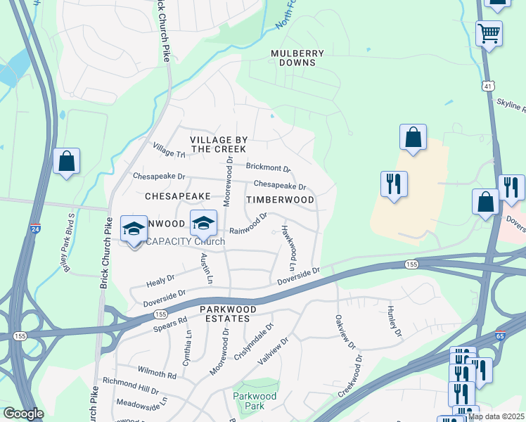 map of restaurants, bars, coffee shops, grocery stores, and more near 3260 Rainwood Drive in Nashville