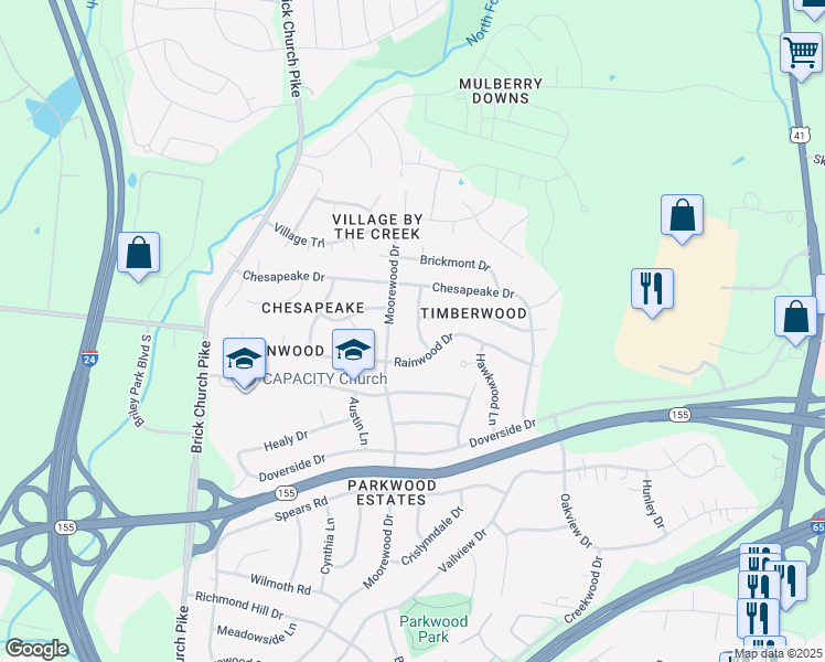 map of restaurants, bars, coffee shops, grocery stores, and more near 3032 Barbara Lynn Way in Nashville