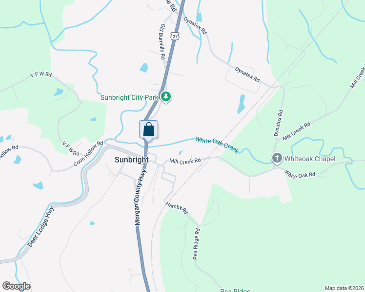 map of restaurants, bars, coffee shops, grocery stores, and more near 308 Mill Creek Road in Sunbright