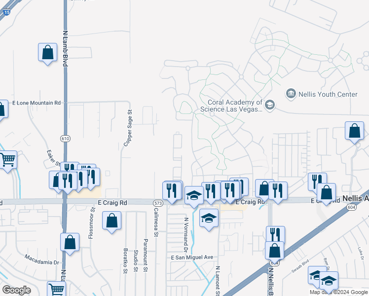 map of restaurants, bars, coffee shops, grocery stores, and more near 4730 East Craig Road in Las Vegas