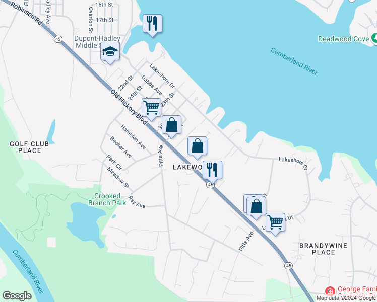 map of restaurants, bars, coffee shops, grocery stores, and more near 3319 Old Hickory Boulevard in Nashville