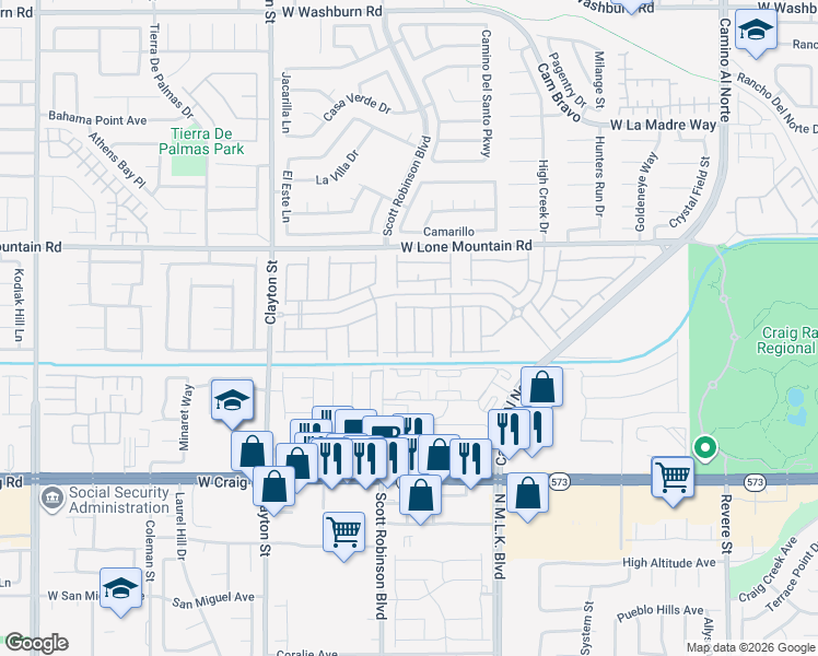 map of restaurants, bars, coffee shops, grocery stores, and more near 4631 Observed Street in North Las Vegas