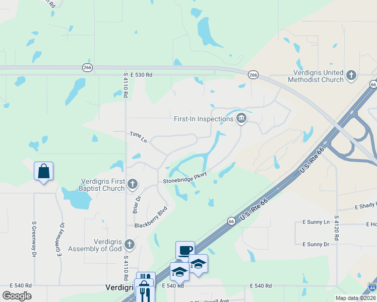map of restaurants, bars, coffee shops, grocery stores, and more near 8220 Overlook Trail in Claremore