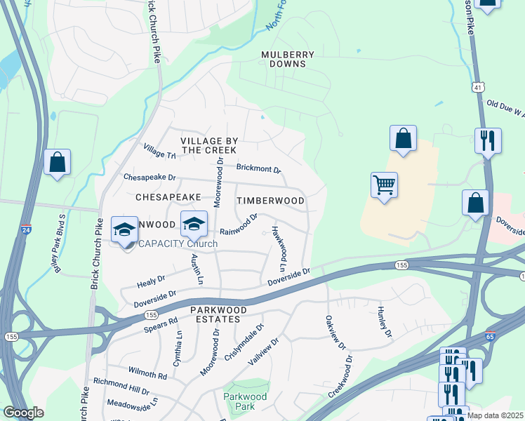 map of restaurants, bars, coffee shops, grocery stores, and more near 3248 Rainwood Drive in Nashville