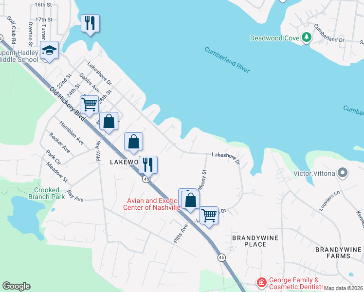 map of restaurants, bars, coffee shops, grocery stores, and more near 3031 Lakeshore Drive in Nashville