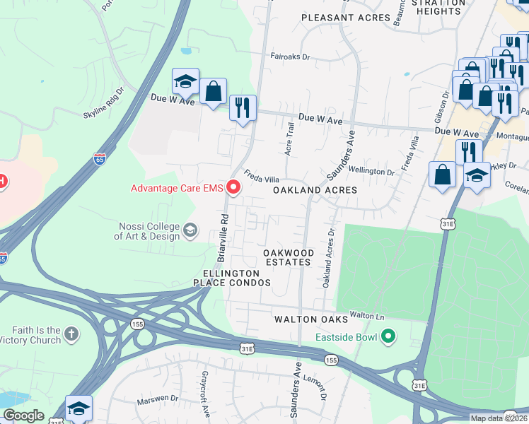 map of restaurants, bars, coffee shops, grocery stores, and more near 1501 Royal Street in Nashville