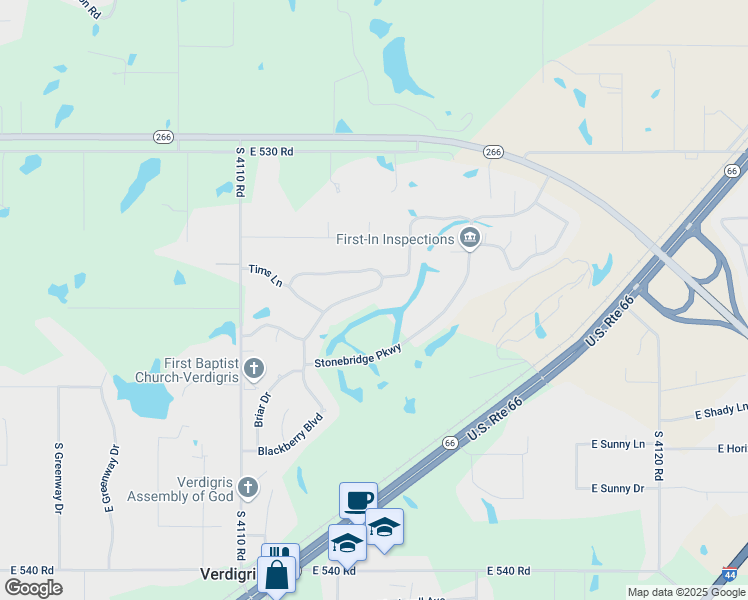 map of restaurants, bars, coffee shops, grocery stores, and more near 8220 Overlook Trail in Claremore