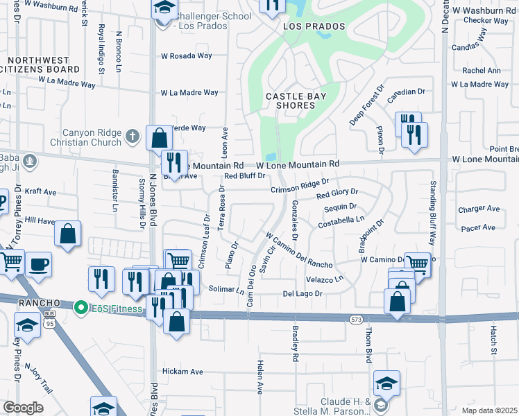 map of restaurants, bars, coffee shops, grocery stores, and more near 5521 Via Del Viento Avenue in Las Vegas
