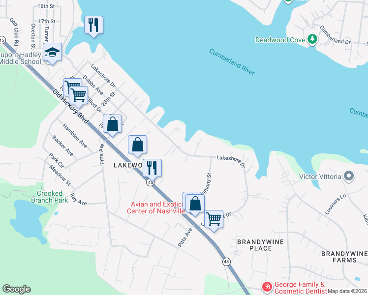 map of restaurants, bars, coffee shops, grocery stores, and more near 3031 Lakeshore Drive in Nashville