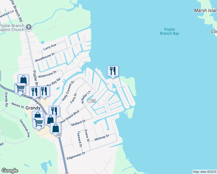 map of restaurants, bars, coffee shops, grocery stores, and more near 104 Base Hit Drive in Grandy