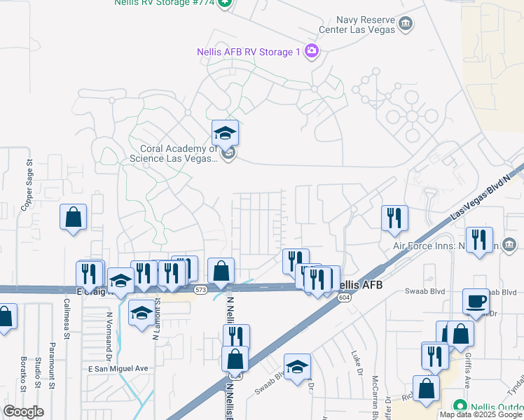 map of restaurants, bars, coffee shops, grocery stores, and more near White Chalk Avenue in Las Vegas