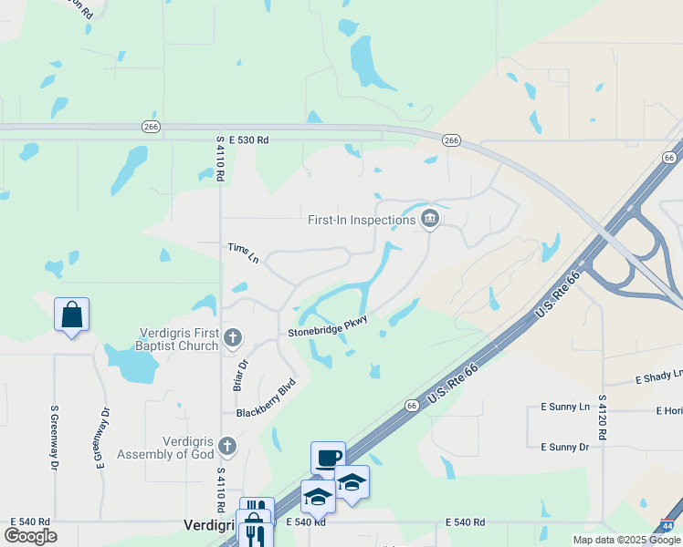 map of restaurants, bars, coffee shops, grocery stores, and more near 8220 Overlook Trail in Claremore