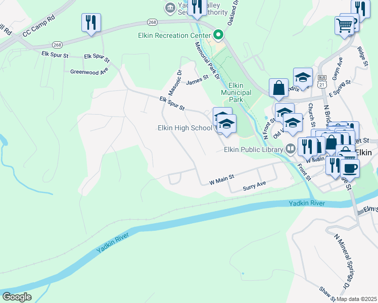 map of restaurants, bars, coffee shops, grocery stores, and more near 714 West Main Street in Elkin