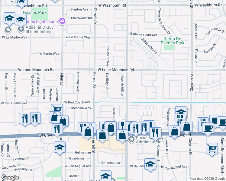 map of restaurants, bars, coffee shops, grocery stores, and more near 3016 Robincrest Court in North Las Vegas