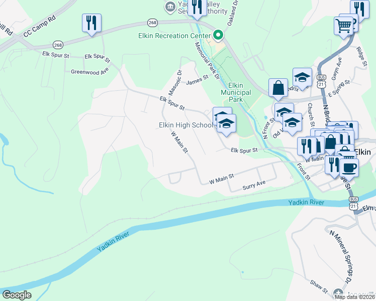 map of restaurants, bars, coffee shops, grocery stores, and more near 716 West Main Street in Elkin