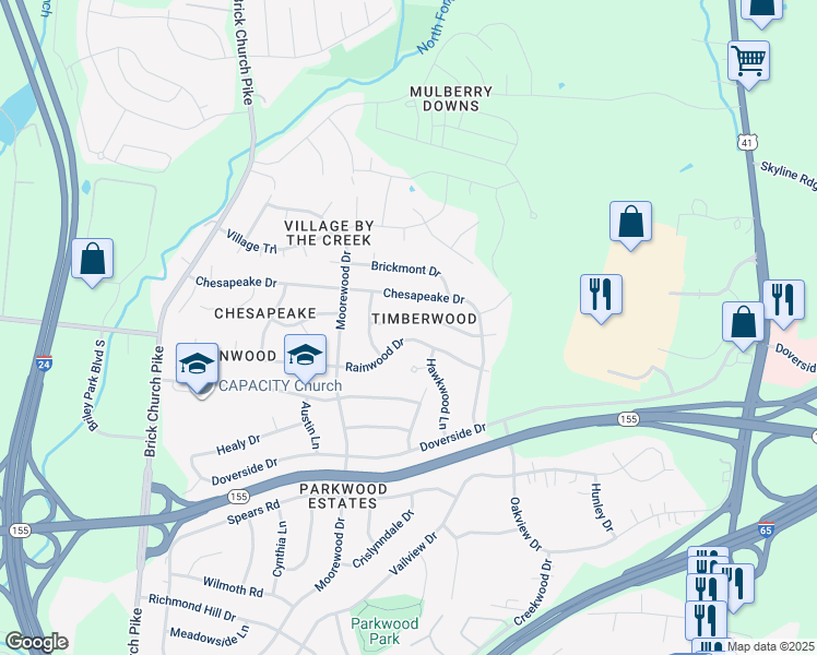 map of restaurants, bars, coffee shops, grocery stores, and more near 3157 Lauren Evelyn Way in Nashville