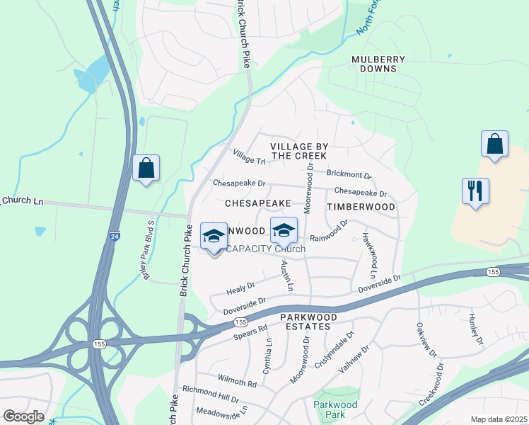 map of restaurants, bars, coffee shops, grocery stores, and more near 3224 Woodstock Drive in Nashville