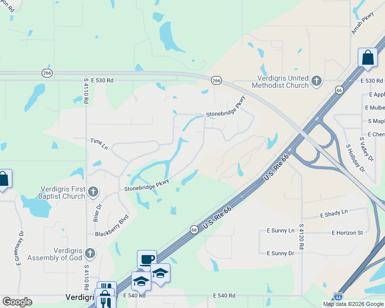 map of restaurants, bars, coffee shops, grocery stores, and more near 25348 Stonebridge Parkway in Claremore