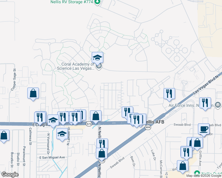 map of restaurants, bars, coffee shops, grocery stores, and more near 4621 Woolcomber Street in Las Vegas