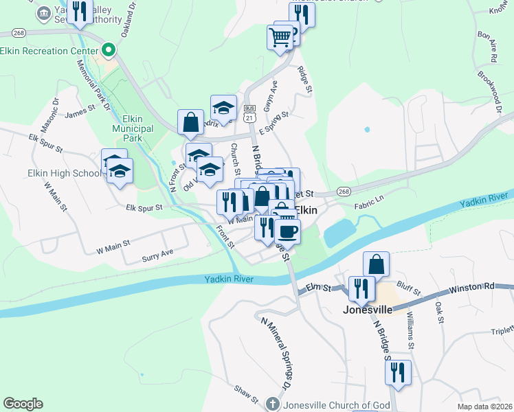 map of restaurants, bars, coffee shops, grocery stores, and more near 111 West Market Street in Elkin