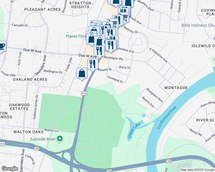 map of restaurants, bars, coffee shops, grocery stores, and more near 1306 Coreland Drive in Nashville