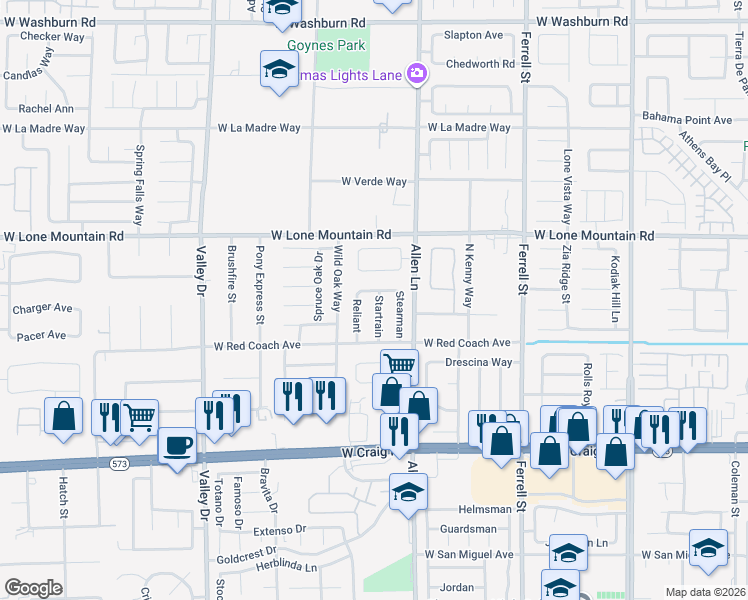 map of restaurants, bars, coffee shops, grocery stores, and more near 4643 Startrain in North Las Vegas