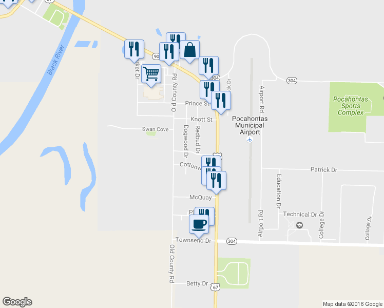 map of restaurants, bars, coffee shops, grocery stores, and more near 903 Sycamore Street in Pocahontas