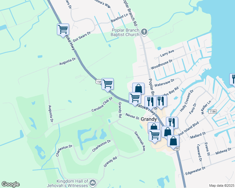map of restaurants, bars, coffee shops, grocery stores, and more near 6389 Caratoke Hwy in Grandy