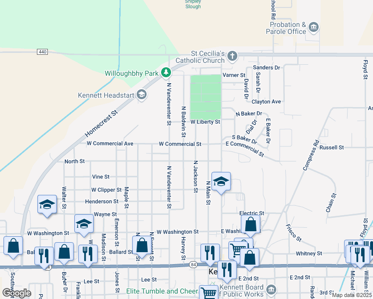 map of restaurants, bars, coffee shops, grocery stores, and more near 812 North Baldwin Street in Kennett