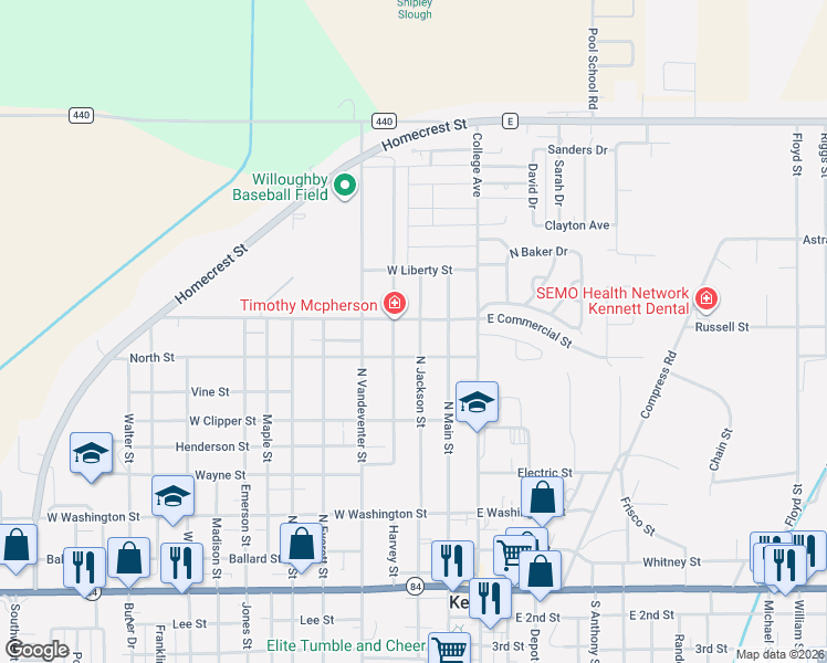 map of restaurants, bars, coffee shops, grocery stores, and more near 812 North Baldwin Street in Kennett
