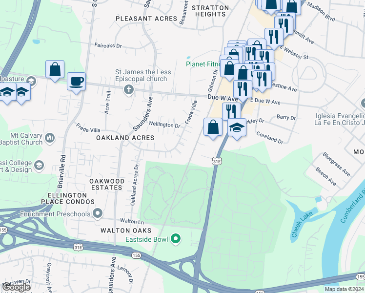 map of restaurants, bars, coffee shops, grocery stores, and more near 313 Freda Villa in Nashville