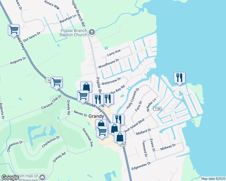 map of restaurants, bars, coffee shops, grocery stores, and more near 121 Dowdys Bay Road in Grandy