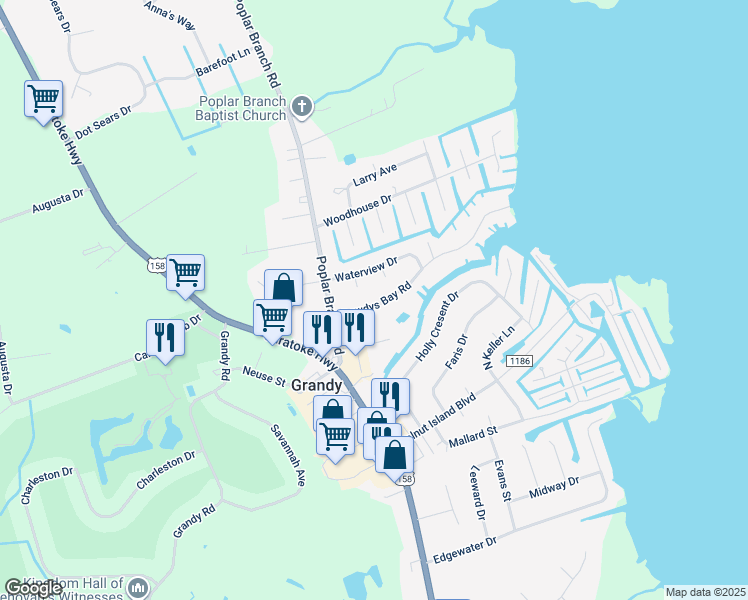 map of restaurants, bars, coffee shops, grocery stores, and more near 121 Dowdys Bay Road in Grandy