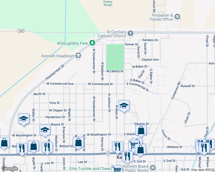 map of restaurants, bars, coffee shops, grocery stores, and more near 812 North Baldwin Street in Kennett