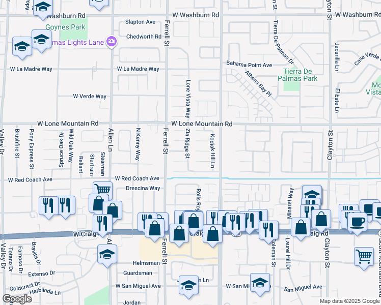 map of restaurants, bars, coffee shops, grocery stores, and more near 3016 Robincrest Court in North Las Vegas