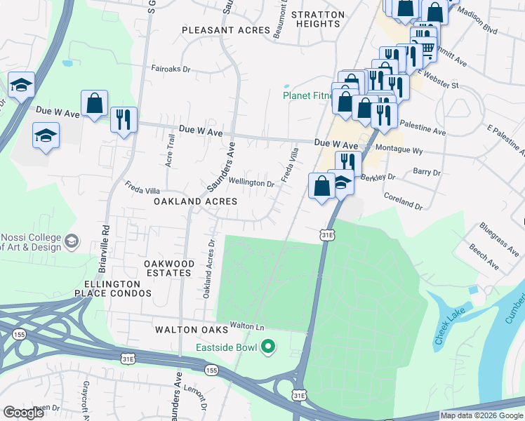map of restaurants, bars, coffee shops, grocery stores, and more near 404 Freda Villa in Nashville