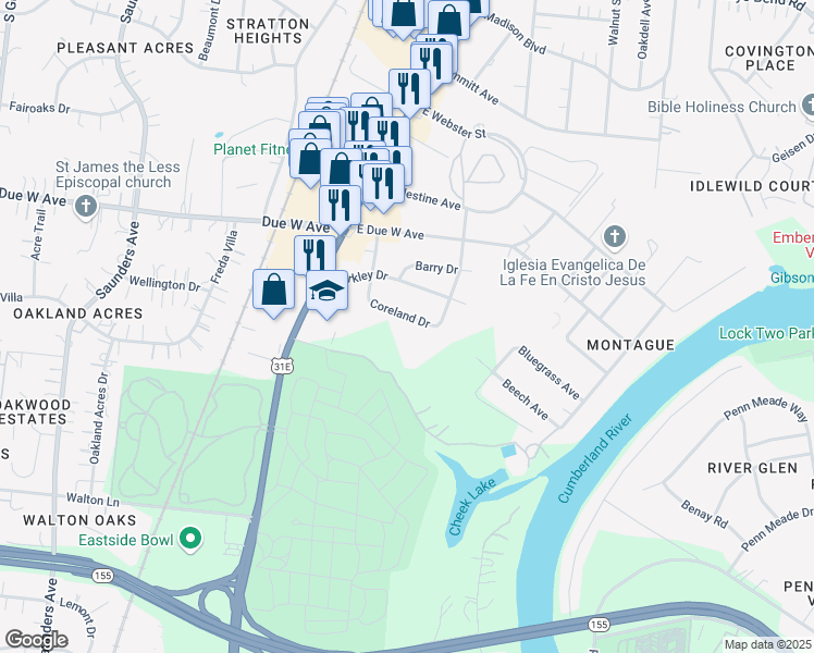 map of restaurants, bars, coffee shops, grocery stores, and more near 1320 Coreland Drive in Nashville